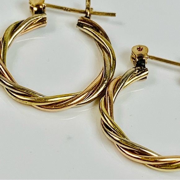 14K Tri-Color Small Twisted Hoop Earrings - Picture 4 of 12
